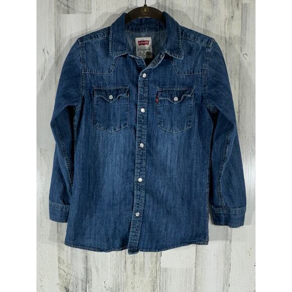 Levis Youth Denim Shirt Size Medium Pearl Snap - Picture 1 of 10